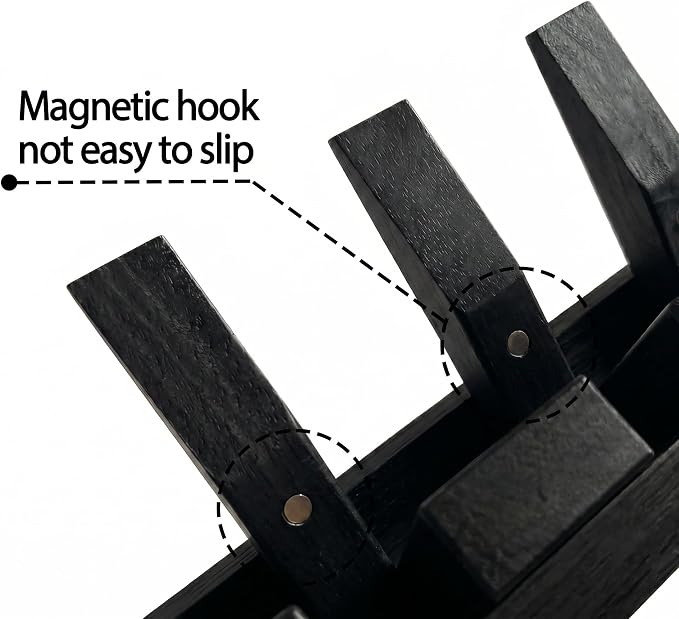 Mid Century Modern Wood Coat Rack Wall Mount with Shelf, 7 Hooks, Black | Wood and metal wall rack with fold-down piano-key hooks and display shelf organizes coats, bags, keys and decor up to 25 lb - Image 5