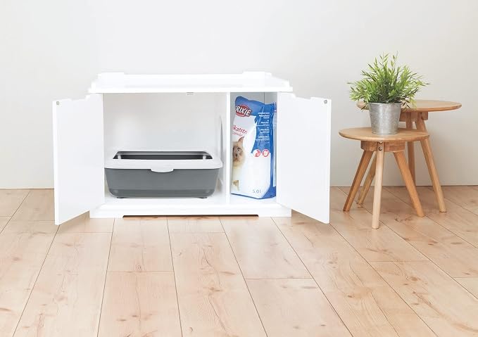 Trixie XL Furniture Litter Box Enclosure (White), Hidden Litter Box for Cats with Openings on Either Ends & Large Ventilations Slots, Double Doors for Easy Cleaning, Removable Divider - Image 5