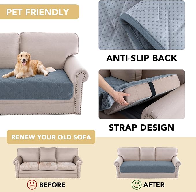 H.VERSAILTEX Couch Cover Chenille Pet Fuzzy Sofa Covers for 3 Cushion Couch Anti Slip Washable Sofa Slipcovers with Strap Soft Couch Protector Cover for Dogs Cats Kids(34.5" x 82", Stone Blue) - Image 4
