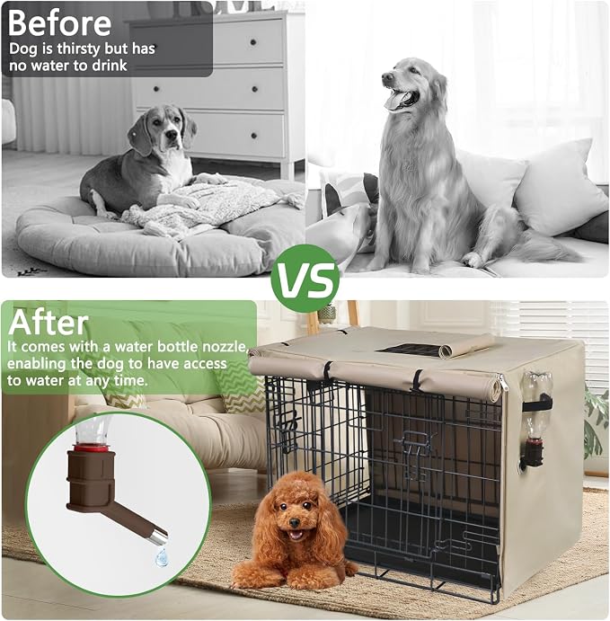 Dog Crate Cover Heavy Duty Oxford Fabric for 30-Inch Wire Crates | Beige Kennel Cover Only, Fits 1 & 2 Door Wire Cages, Provides Privacy & Comfort Space, Includes Water Bottle Sipper Tube - Image 4