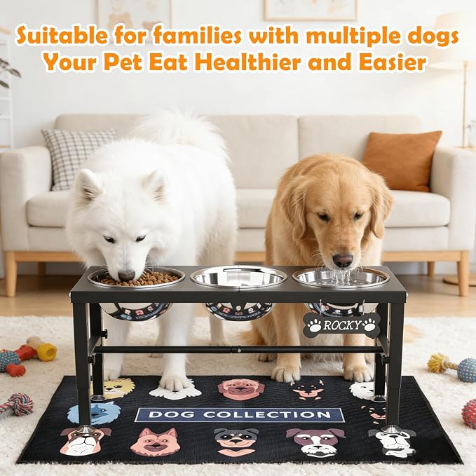 3-in-1 Elevated Dog Feeder with 3 Stainless Steel Bowls, Heavy Iron Stand, Custom Name Plate, Non-Slip Mat - Easy Clean for Multiple Dogs - Image 3