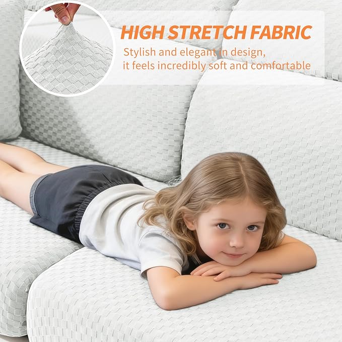YEMYHOM Couch Cushion Covers for Sofa, Stretch Sectional Couch Seat Cushion Covers Washable Thick Furniture Protector Sofa Slipcovers for Pets (3 Seater + 1 Chaise, White) - Image 3