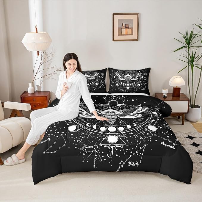 Erosebridal Bohemian Moth Comforter Halloween Skull Bedding Set Full Size Sun Moon Constellation Duvet Set for Kids Boys Girls Teens Gift Gothic Moth Skull Skeleton Bones Lightweight Down Comforter - Image 2
