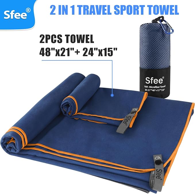 Sfee 2 Pack Microfiber Travel Towel, Quick Dry Towel Camping Towel Super Absorbent Compact Lightweight Sports Towel Swim Gym Beach Towels Set for Gym, Hiking, Pool, Backpacking, Bath, Yoga - Image 6