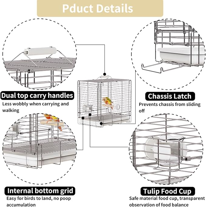 Bird Carrier Travel Cage - 304 Stainless Steel Portable Folding Bird Travel Cage with Parrot Feeder Cups & Standing Perch for Smaller Birds Conures Lovebird Cockatiel Parakeets (White) - Image 5