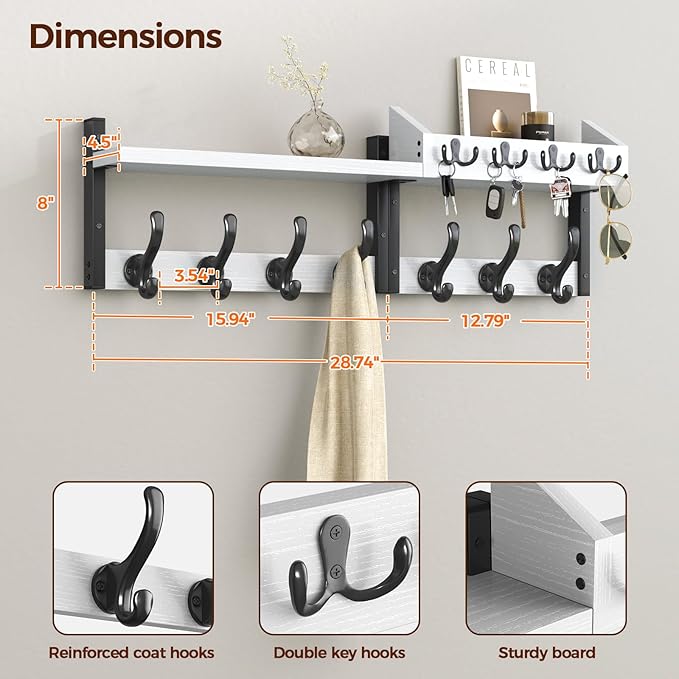 Evermagin 29" Coat Rack Wall Mount with Shelf for Entryway, White | Wall Mounted Coat and Key Rack with Hooks, Key Holder with Mail Organizer for Wall, Living Room, Mudroom, Bedroom - Image 3