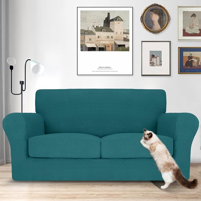 MAXIJIN 3 Piece Couch Covers for 2 Cushion Couch loveseat Cover, Stretch Love Seat Sofa Slipcovers for Dogs Pet, Thick Furniture Protector with 2 Seat Cushion (55"-69", Teal) - Image 2