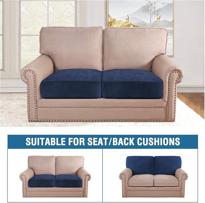 H.VERSAILTEX Velvet Stretch Couch Cushion Cover Plush Cushion Slipcover for Chair Loveseat Sofa Cushion Furniture Protector Seat Cushion Sofa Cover (2 Piece Medium Sofa Cushion Covers, Navy) - Image 3