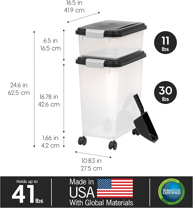 IRIS USA Dog Food Storage Container 30 lb + 11lb Airtight Combo, Stackable Pet Food Storage Bin with Wheels for Cat Dog Food, BPA Free, Made in USA, Black | Stackable Pet Food Plastic Storage Bins with Wheels for Cat and Dog Food, Made in USA - Image 3