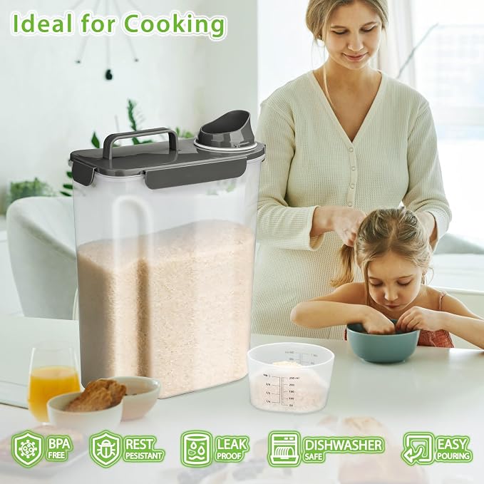 Viretec Rice Storage Container, 15 to 20lb Dry Food Airtight Dispenser, Pet Dog Cat Food Canister, BPA Free Clear Plastic Kitchen and Pantry Organization Bin for Oatmeal, Cereal, Pasta, Flour Grey - Image 4