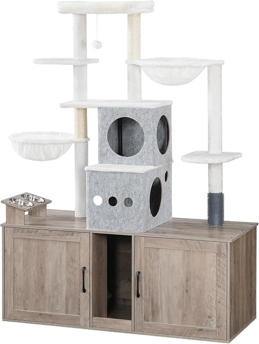 HOOBRO Cat Tree with 47.2" Dual Litter Box Enclosure, 63.4" Tall Multi-Functional Tower for Cats, Hidden Litter Box Enclosure Furniture, with Feeding Bowls, Scratching Posts, Hammocks, Greige BG23MZ03 by HOOBRO