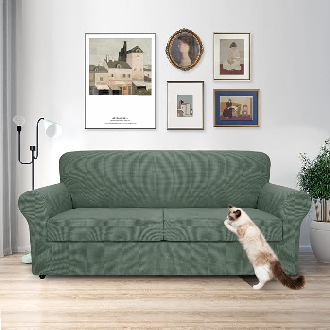 MAXIJIN 3 Piece Couch Covers for 2 Cushion Couch Super Stretch loveseat Sofa Cover for Dogs Pet Proof Furniture Protector Non Slip Couch Slipcover Washable (Pea Green, 71"-91"(2 Cushions)) - Image 2