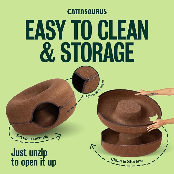 Cattasaurus Peekaboo Cat Cave Donut for Multiple & Large Cats up to 30-45 lbs, 3-in-1 Self Warming Cat Bed, Tunnel & Scratcher for Indoor Cats, Washable & Detachable Small Dog Bed (Brown, Large) - Image 7