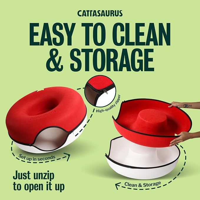 Cattasaurus Peekaboo Cat Cave Donut for Multiple & Large Cats up to 30-45 lbs, 3-in-1 Self Warming Cat Bed, Tunnel & Scratcher for Indoor Cats, Washable & Detachable Dog Bed (Ruby Snowball, Large) - Image 7