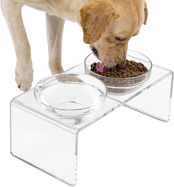 Acrylic Elevated Dog Cat Bowls Pet Feeder Double Bowl Raised Stand Comes with 2 Removable Glass Bowls and 2 Stainless Steel Bowls.Perfect for Large Dogs, 7.2" Tall - Image 2