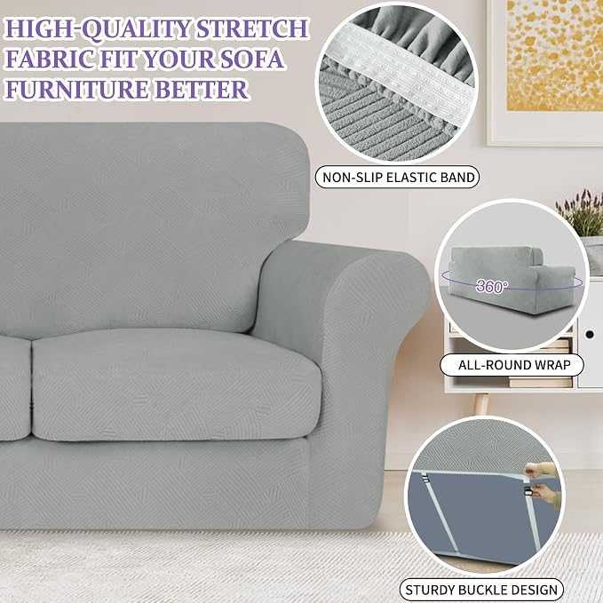 ZNSAYOTX 2 Piece Stretch Chair Covers (31"-46"), Thick Striped Armchair Slipcover with Elastic Band Bottom Ties Non-Slip Stay in Place, Soft Durable Arm Chair Covers for Living Room, Light Grey - Image 4