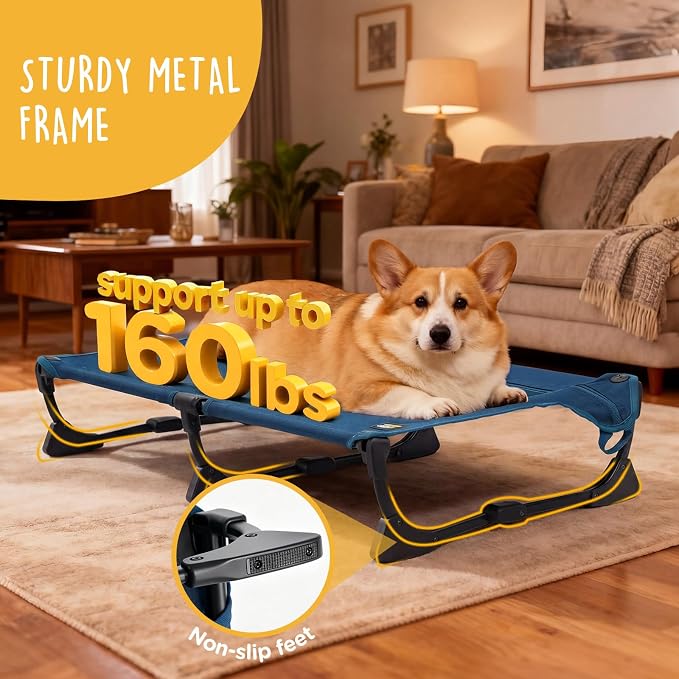CANINE CANYON Upgraded Non-Slip Daisy Cot, Medium Foldable Elevated Dog Bed, Portable Raised Outdoor Dog Cot for Camping/Home, Chew Proof Waterproof Heavy Duty Up to 160 Lbs, Dark Blue, 32"x 23" - Image 4