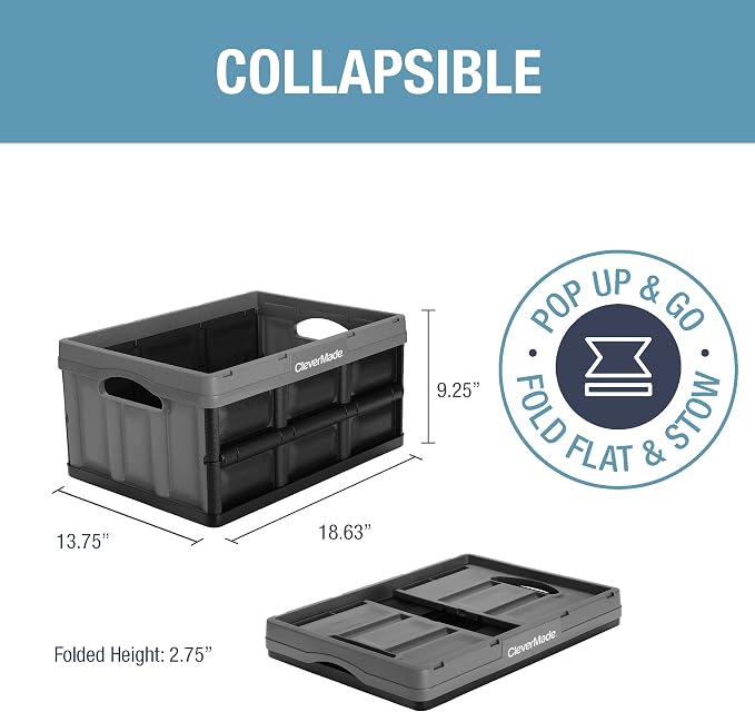CleverMade Collapsible Storage Bins, 32L 3 Pack, Durable Plastic, Stone | Reinforced plastic handles groceries, tools, and sports gear. Interlocking bins stack open and nest compactly when folded. - Image 2