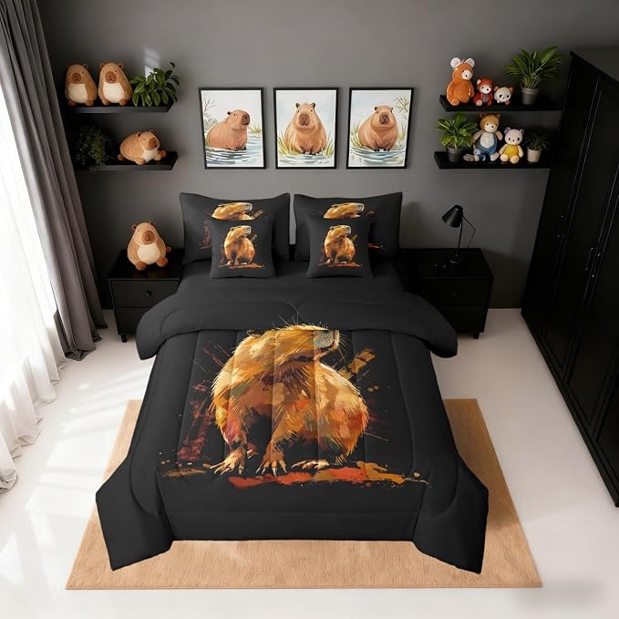 Erosebridal Cute Capybara 7-Piece Bedding Set King Size for Capybara Lovers, Wild Animal Bed in A Bag, Wildlife Comforter Set with Sheets, Oil Painting Style Bedding Comforter Sets by Erosebridal
