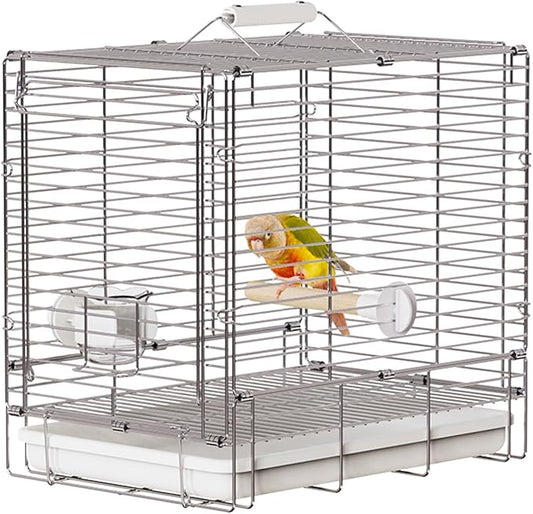 Bird Carrier Travel Cage - 304 Stainless Steel Portable Folding Bird Travel Cage with Parrot Feeder Cups & Standing Perch for Smaller Birds Conures Lovebird Cockatiel Parakeets (White) by YOOSOWING