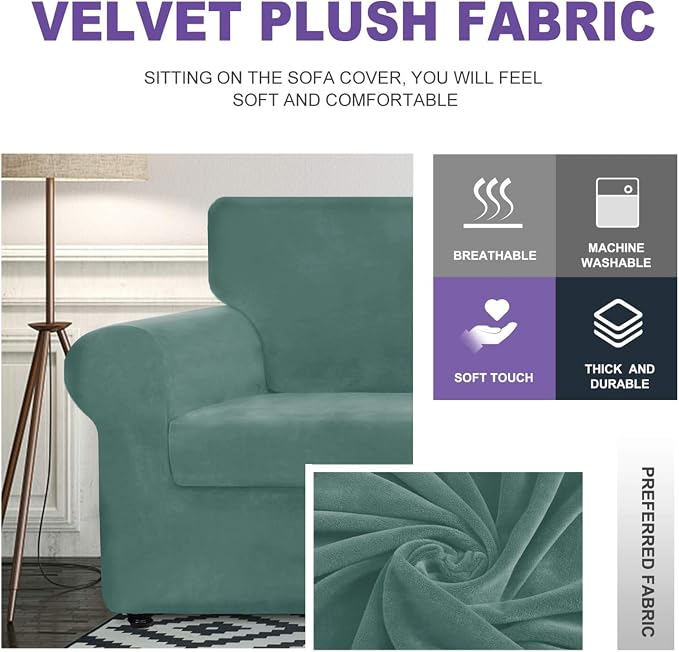 ZNSAYOTX Luxury Velvet Sofa Cover 3 Piece (57"-70") Stretch Loveseat Covers for 2 Cushion Couch Thick Soft Couch Slipcover with Non Slip Strap, Dog Pet Friendly Nice Furniture Protector (Pea Green) - Image 3