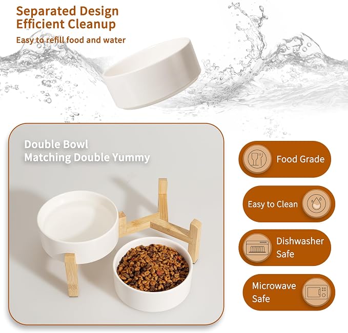 Elevated Ceramic Dog Bowl Set - Raised Feeding Bowls with Non-Slip Bamboo Stand - Small Pet Dishes for Food and Water - Ideal for Cats and Puppies - 16.23 OZ - 2 Cups - 480 ML | 5.1'' Double Dog Feeding Dishes, Non-Slip Raised Dog Feeder for Cats and P... - Image 5
