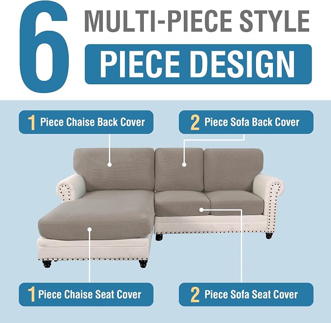 H.VERSAILTEX 2025 New Sectional Couch Covers 6 Pieces Stretch Sofa Covers for Sectional Sofa Set Separate L Shaped Couch Cover for Both Left/Right Couch (Seat and Back: 1 Chaise + 2 Sofa, Taupe) - Image 3