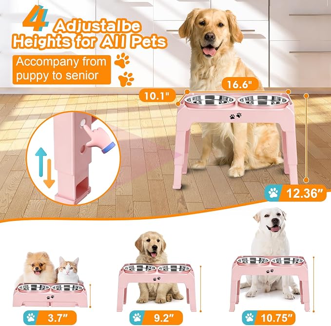 COMESOON Elevated Dog Bowls, 4 Height Adjustable Raised Bowl Stand with 2 Thick 50oz Stainless Steel Food Bowls Non-Slip Feeder Adjusts to 3.7'', 9.2'', 10.75'', 12.36'' Pink - Image 2