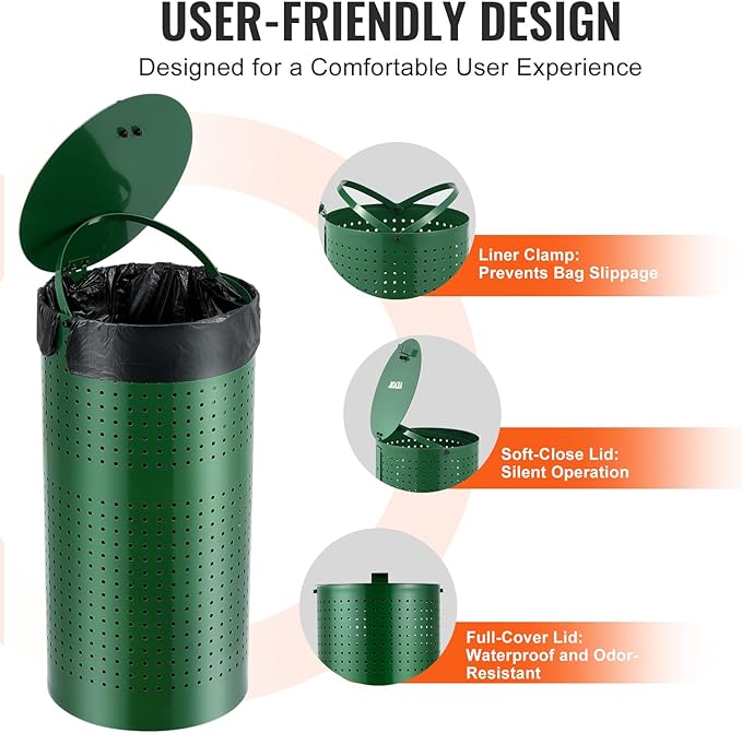 VEVOR Dog Poop Trash Can With 50 Liner Bags, 11.5 Gallons Outdoor Waste Bin With Lid & Liner Clip for Pet Waste Station, Disposal Container for Garden Backyard Park - Image 3
