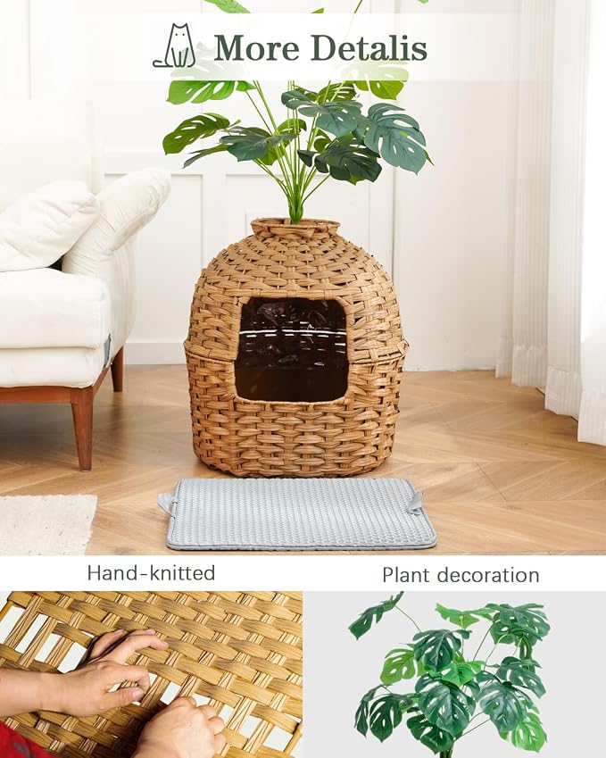 SETVSON Cat Litter Box Enclosure Plant, PE Rattan Kitty House, Natural | Decorative Planter Design, Waterproof Inner PVC Liner, Includes Artificial Plants, Real Stones, Litter Mat, 20x20 Inches - Image 4