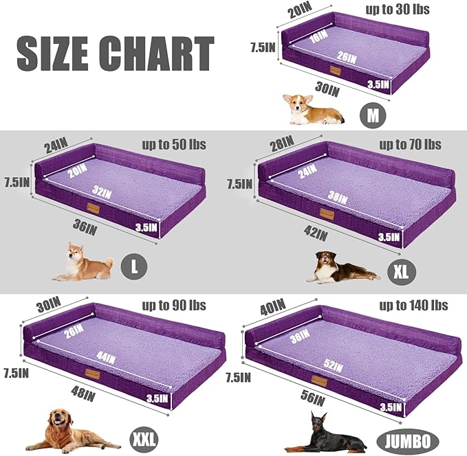 Patas Lague Orthopedic Large Dog Bed Pet Sofa Beds 36''X24'' Purple | L Bolster Egg-Crate Foam Dog Couch For Large Sized Dogs, Waterproof Removable Washable Cover, Pet Mat with Nonskid Bottom - Image 5