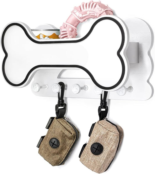 MTERSN Decorative Dog Leash Holder for Wall - Doggie Bone Shape Key Holder Wall Mount with 5 Chic 3D Puppy Paw Hooks & Dog Stuff Storage Shelf - Apartment Essentials (Black & White) by MTERSN