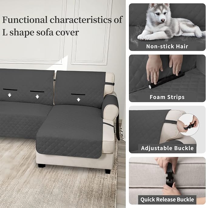 Easy-Going Waterproof Sectional Couch Covers with Chaise 2-Piece Non Slip L Shape Sofa Cover for Dogs Leakproof Furniture Protector Cover with Adjustable Strap for Pets (X-Large, Dark Gray) - Image 3