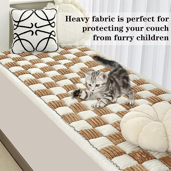 Fuzzy Chic Cotton Protective Couch Cover,Machine Washable & Non-Slip Pet Mat Bed Couch Cover,Garden Sofa Cover Cream-Coloured Plaid Pet Mat for Most Cats Dogs,Pets (light coffee, 27.6*59.1inch) - Image 4