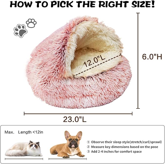 ShinHye Cozy Cat Bed - Round Plush Fluffy Hooded Cave, Indoor/Outdoor, Waterproof & Washable, Calming Anti-Anxiety Design - 23x23inch, Pink - Image 2