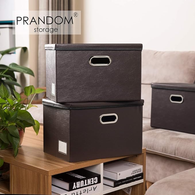 PRANDOM Foldable Storage Bins with Lids [5-Pack] Leather Fabric Collapsible Storage Boxes Organizer Containers Baskets Cube with Cover for Bedroom Closet Office Nursery Brown 14.9x10.8x10 - Image 2