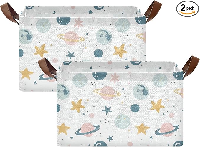 Cute Celestial Stars and Planet Baby Storage Basket with Labels&Handles Rectangular Waterproof Nursery Storage Bins Collapsible Shelf Organizer Baskets for Kids Books Cloth Gift Toys Laundry, 2 Pack by Unknown