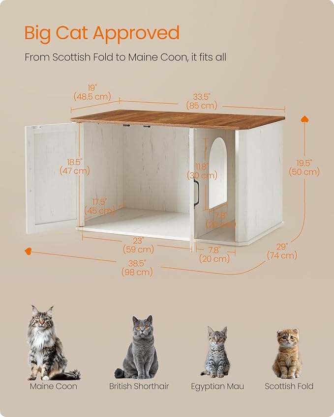 Feandrea Litter Box Enclosure, Modern Cat Litter Box Furniture Hidden, Front Entry, Double Doors, Handles, Cat House, Side End Table, 33.5 x 19 x 19.5 Inches, Honey Brown and Rustic White UPCL012K01 - Image 5