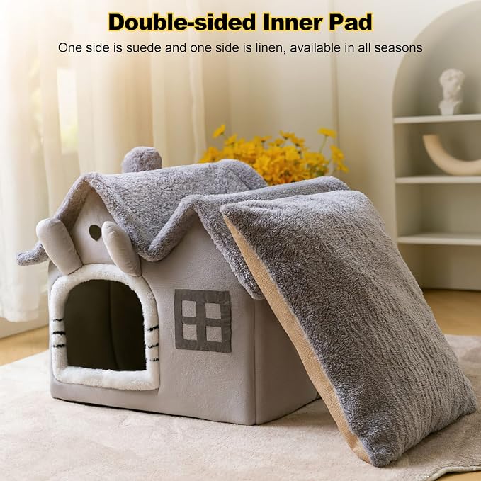 Cat Cave Bed, Warm and Cosy Plush Cat Igloo, Washable Dog Bed with Removable Pillow Cushion, Improve Sleep, Foldable Cat House(L, Brown) - Image 4