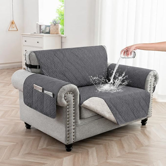 100% Waterproof Couch Cover,Straps&Pockets,pet Friendly,23" Gray | Washable sofa cover, pet-friendly, scratch-resistant furniture protector, quilted sofa cover, reversible, non-slip backing. by Unknown