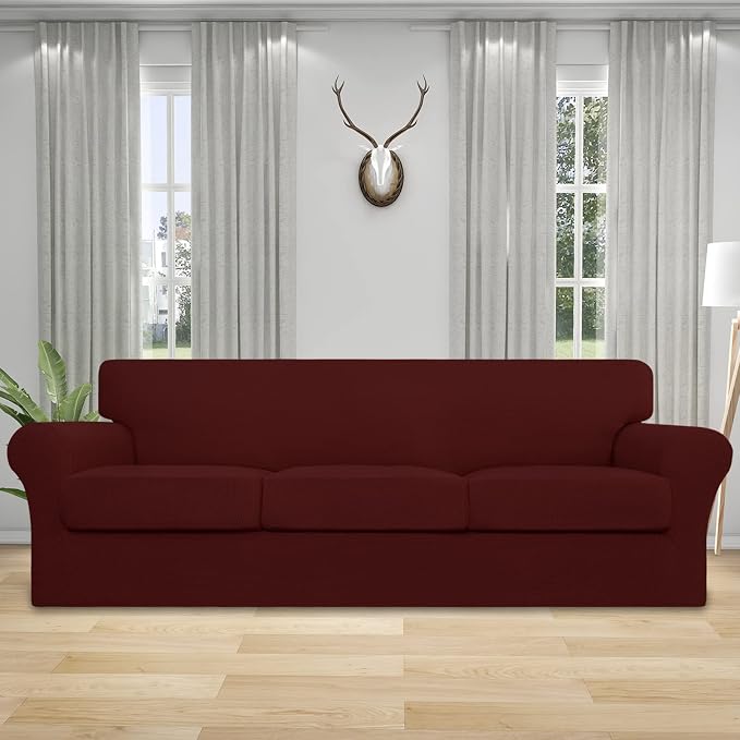 Easy-Going 4 Pieces Stretch Couch Cover Oversized Sofa Cover for Dogs Washable Sofa Slipcover for 3 Separate Cushion Couch Spandex Elastic Furniture Protector for Pets, Kids (Wine, Oversized Sofa) - Image 2