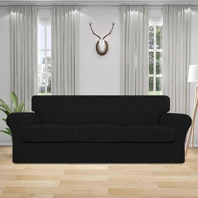 Easy-Going 4 Pieces Stretch Couch Cover Sofa Cover for Dogs Washable Sofa Slipcover for 3 Separate Cushion Couch Spandex Jacquard Fabric Elastic Furniture Protector for Pets, Kids (Black, Sofa) - Image 2