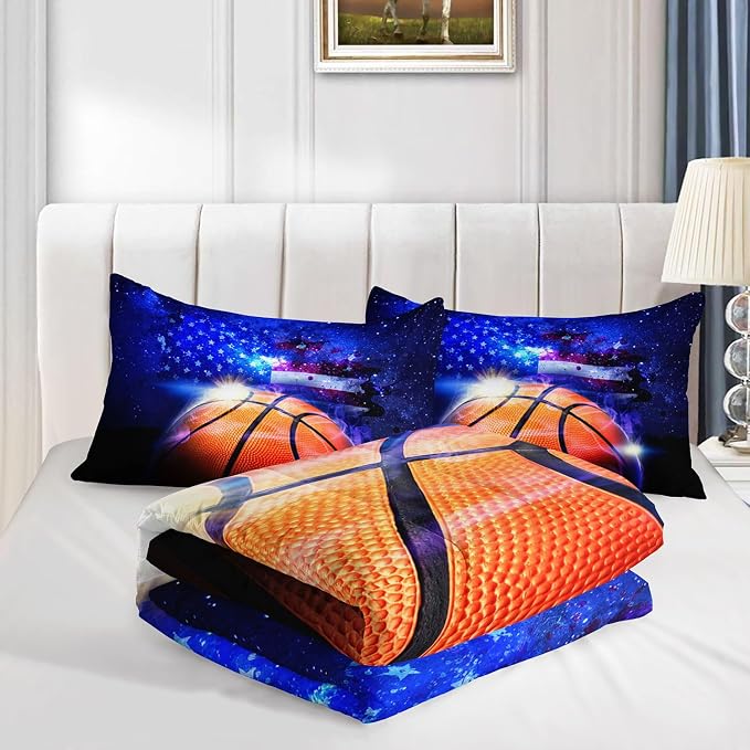 3D Basketball Comforter Set American Flag Printed Bedding Set with 1 Comforter and 2 Pillowcases for Boys and Girls Bedroom All Season(Basketball Full) - Image 4