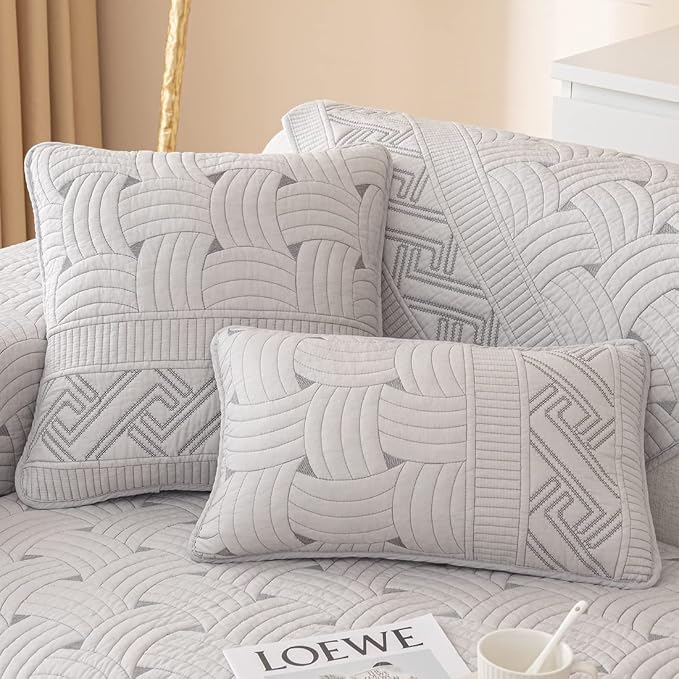 vctops Set of 2 Cotton Quilted Throw Pillow Covers Farmhouse Neutral Solid Color Pillow Cover Weave Embroidery Soft Cushion Case (Light Grey,18"x18") by vctops