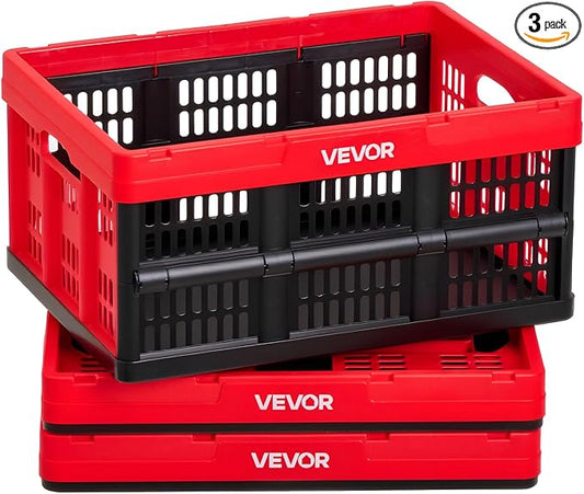 VEVOR Plastic Collapsible Storage Bins, 32L 3 Packs, Stackable Folding Storage Crates with Handles, Holds 26 lbs Per Bin, Foldable Heavy Duty Containers, Space-Saving Baskets, for Home Organizing by VEVOR