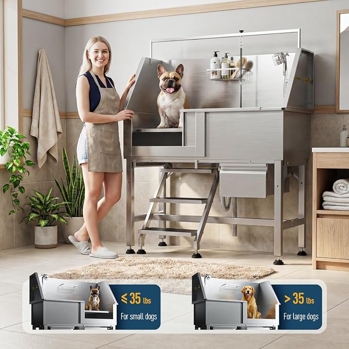 Professional Dog Washing Station, 46 Inch 304 Stainless Steel Pet Grooming Tub with Side-Mounted Faucet, Telescopic Ramp & Storage Drawer for Large & Senior Dogs, Outdoor Raised Sink (46" Left Step) - Image 3