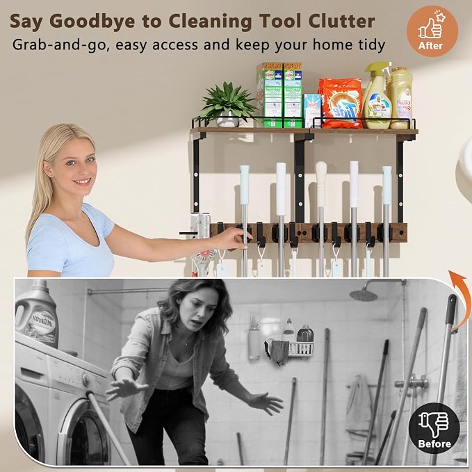 Mop Holder Wall Mount with Cleaning Supplies Organizer, Wood Mop and Broom Hanger Rack Organizer with Anti-Fall Wall Shelf with 5 Clips & Hooks for Garage Laundry Room Kitchen (Dark) - Image 5