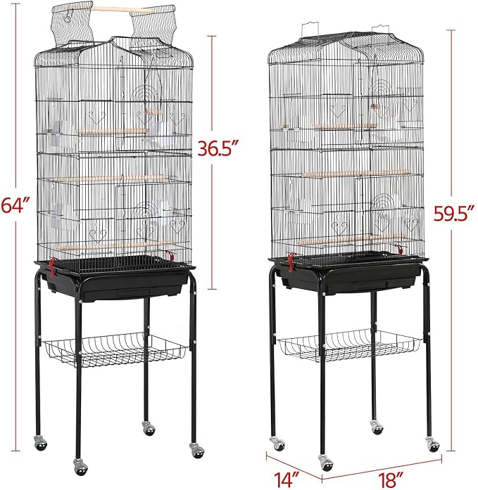 Yaheetech 64'' Open Top Bird Cage for Parakeets & Cockatiels, Black | Detachable Rolling Stand, Easy-clean Slide Tray, Multi-door Access, 3/8" Bar Spacing, Indoor/Outdoor Use - Image 3