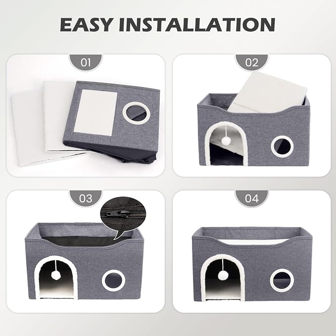 Heeyoo Cat House for Indoor Cats - Large Cat Bed Cave with Fluffy Ball and Scratch Pad, Foldable Cats Houses & Condos, Cat Hideaway, Covered Kitty Bed for Multi Small Large Kitty, 23.8x15.9x13.2 Inch - Image 6