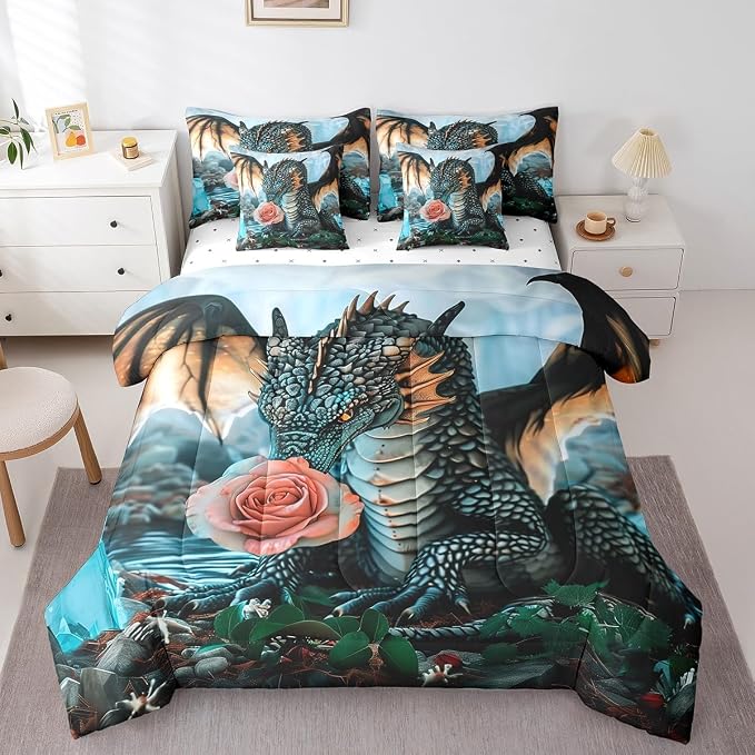 Erosebridal Magical Animal Queen Bedding Set - Flower Dragon Bed in A Bag,3D Wildlife Comforter Sets with Sheets, Cute Wild Animal 7 Pieces Bed Set Bedroom Decor by Erosebridal